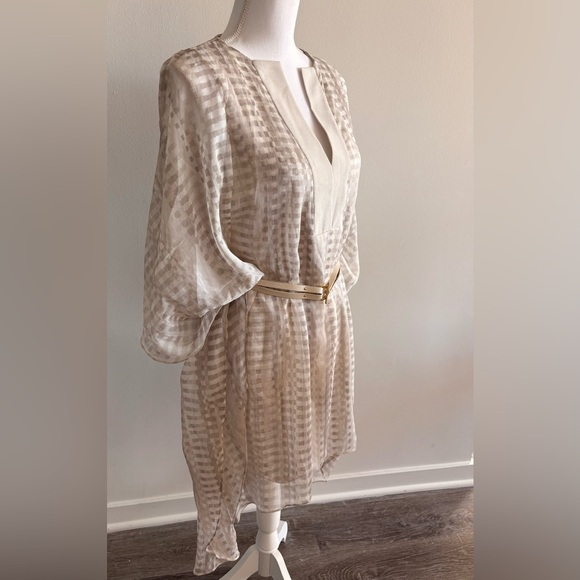 Halston Heritage Cream-Ivory Sheer Checked Tunic with Belt - Picture 5 of 12